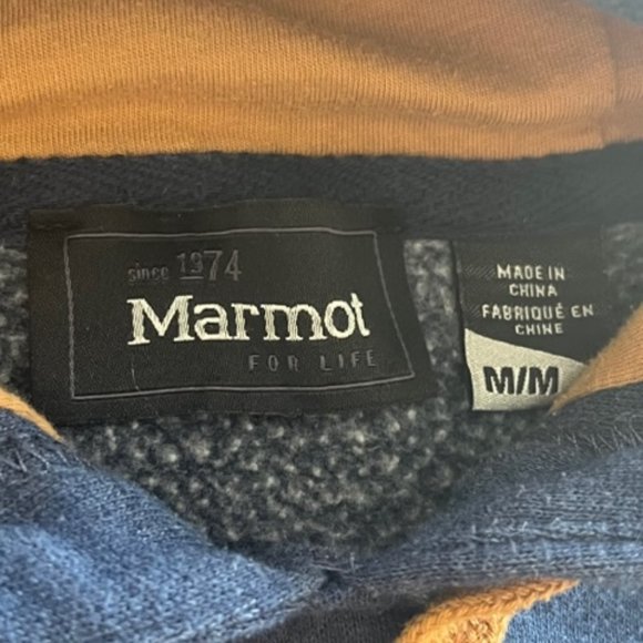 Marmot Hoodie Mens Medium L/S Blue Spell out Pullover Sweater Sweatshirt Hiking - Picture 6 of 7